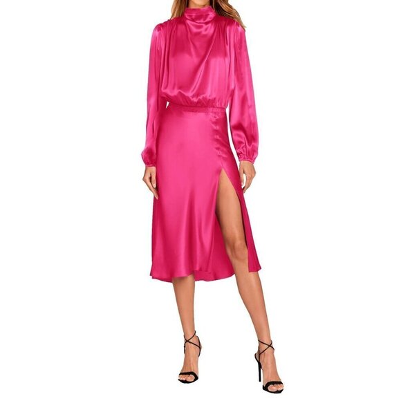 PRETTYGARDEN Formal Mock Neck Long Sleeve Satin Dress Elastic Waist High Medium - Picture 1 of 1